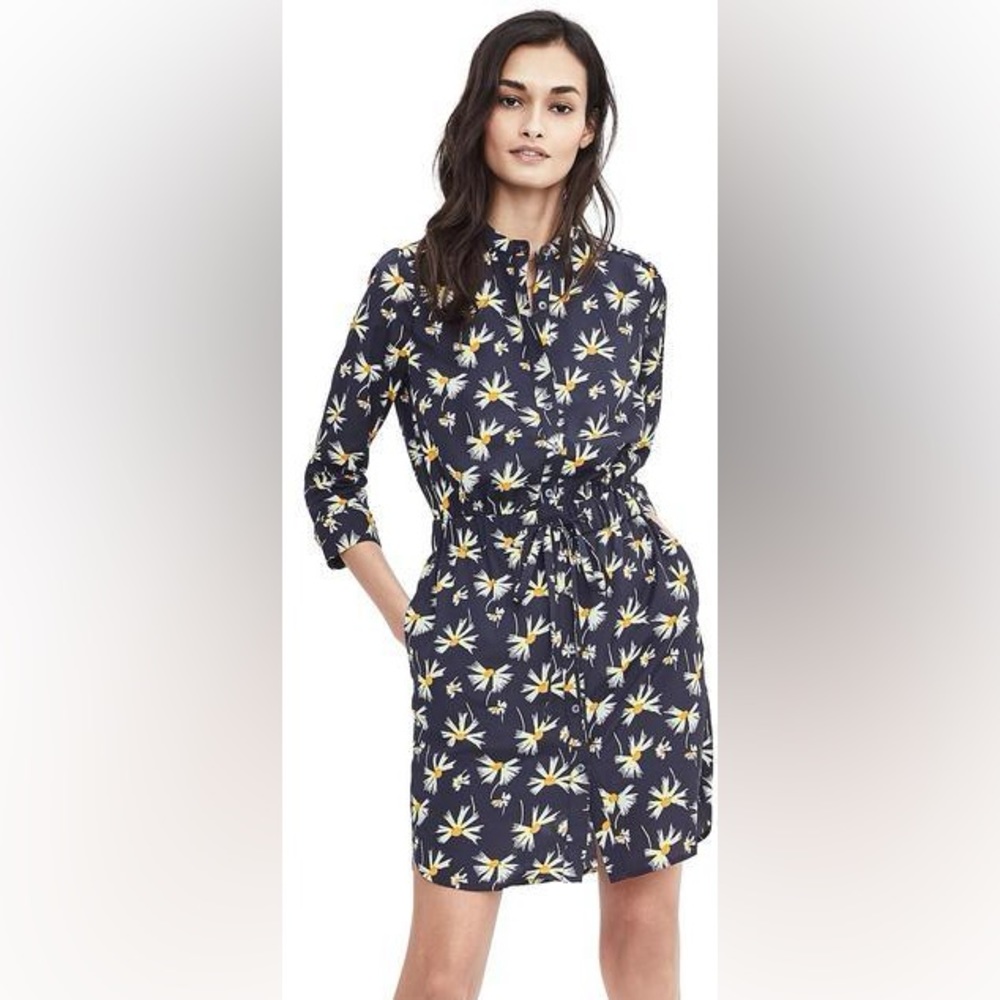Banana Republic Dress Long Sleeve Navy Floral Print Button Front Size L Tall